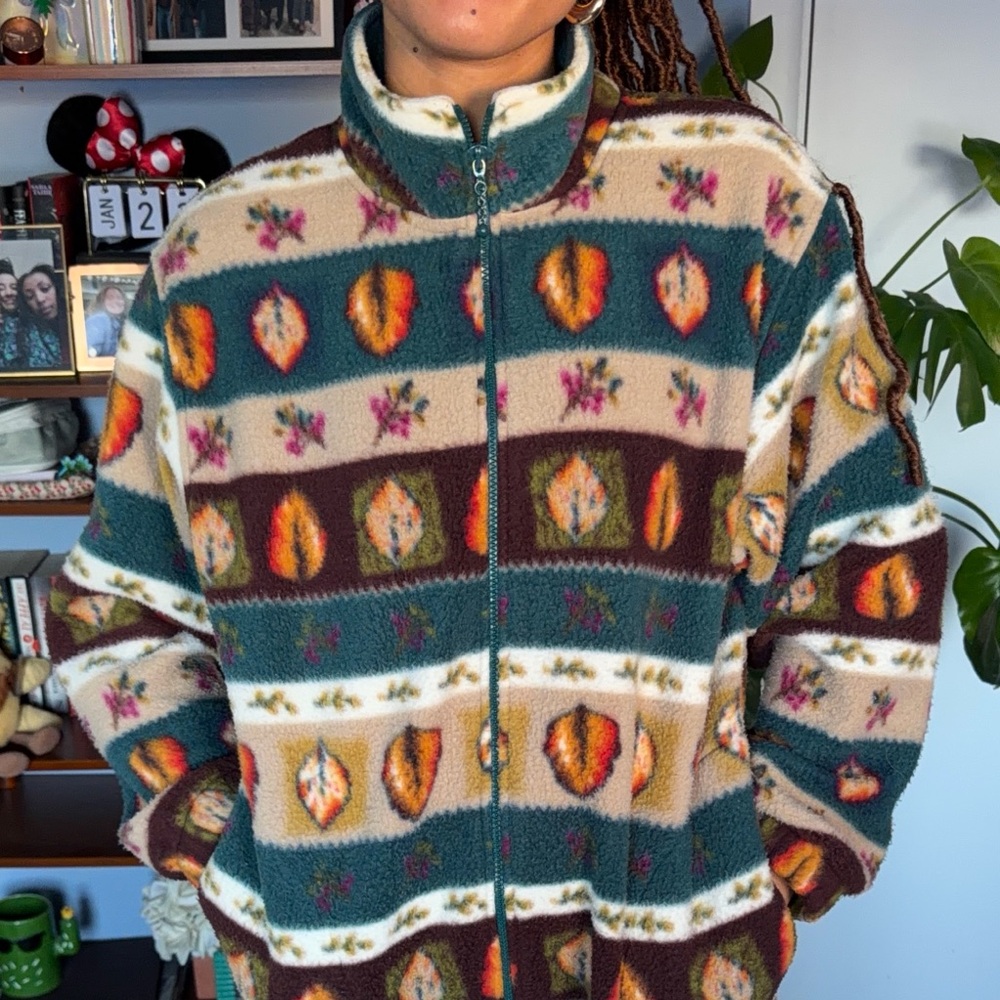 Alfred Dunner Multicolor Leaf Pattern Fleece Zip-Up